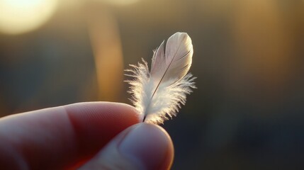 A soft feather balanced on the tip of a finger, with a blurred background to emphasize its delicacy