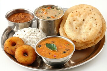 Wall Mural - A traditional Indian meal served on a plate with rice, curry, and fried bread.