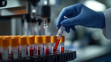 Wall Mural - Technician holding blood tube test in the research laboratory  doctor hand taking a blood sample tube from a rack : Generative AI