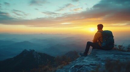 A man who hikers enjoys a break look at the top of the mountain at sunset adventure travel : Generative AI