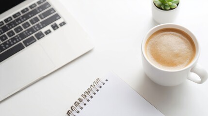 Poster - a remote work setup with a laptop, coffee, and notebook, symbolizing flexibility and modern work cul