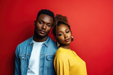 Stylish couple posing against red backdrop, fashion flair