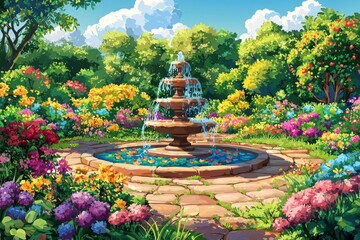 Poster - A Stone Fountain in a Garden with Brightly Colored Flowers