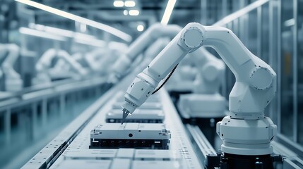 Poster - Row of White Robotic Arms at Modern Factory LithiumIon EV Battery Pack Production at Automated Assembly Line at Bright Factory Equipped With Industrial Robot Arms Electric Car Manufact : Generative AI