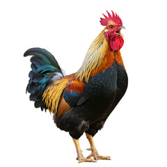 A close-up of a rooster crowing with its beak wide open on a white background.