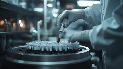 Fototapete - Medical scientist loading samples in robot machine for biochemical automatic testing blood laboratories : Generative AI