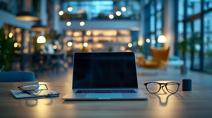 Poster - Laptop Computer notebook and eyeglasses sitting on a desk in a large open plan office space after working hours : Generative AI