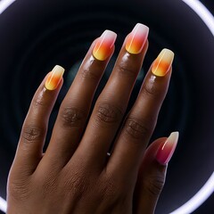 Wall Mural - Neon Gradient Nail Art in Pink, Orange, Yellow