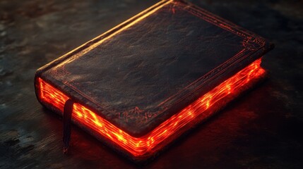 A mystical leather book with glowing red pages, radiating a sense of alchemy, sorcery, or witchcraft, ideal for fantasy or dark themes.