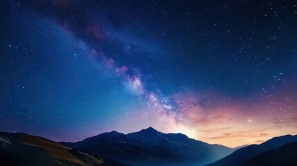 Wall Mural - a starry night sky over a quiet mountain landscape, the Milky Way stretching across the sky, providing a breathtaking view of the universe