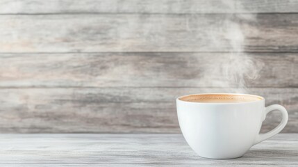 a steaming cup of coffee with a rustic backdrop, symbolizing warmth and comfort