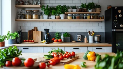 Wall Mural - A fresh and inviting kitchen countertop with a variety of colorful vegetables, herbs, and spices.