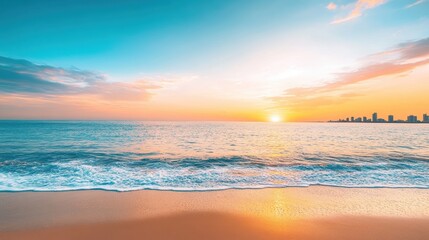 a sunset over a calm ocean with waves gently lapping at the shore, and a distant city skyline visible on the horizon, blending natural beauty with urban life