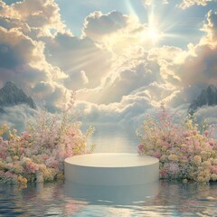 Sticker - A white circular platform sits amidst a sea of clouds, surrounded by vibrant flowers, with a bright sun shining above.