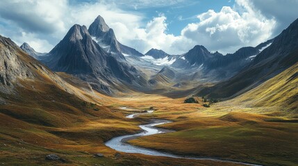 Wall Mural - A winding river flows through a valley surrounded by majestic mountains under a blue sky with fluffy clouds.