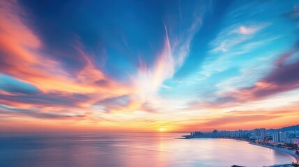 Wall Mural - a timelapse of a sunset over a coastal city with the transition from day to night, capturing the vibrant colors of the sky and the illumination of city lights