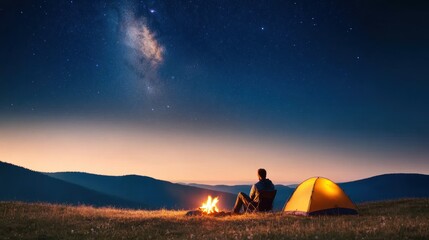 Wall Mural - a traveler sitting by a campfire under a starlit sky in a remote wilderness, with a tent set up near