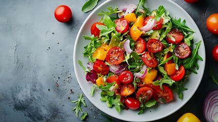 Poster - Delicious vegetable salad on light grey table top view : Generative AI