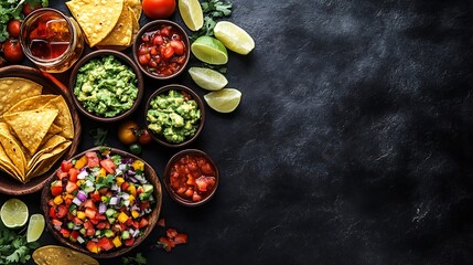 Mexican food panorama shot from above on a black background Nachos guacamole tequila tacos etc a flat lay : Generative AI