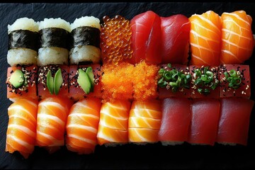 artfully arranged sushi platter featuring an assortment of colorful nigiri maki rolls and sashimi on a sleek black surface emphasizing japanese culinary craftsmanship