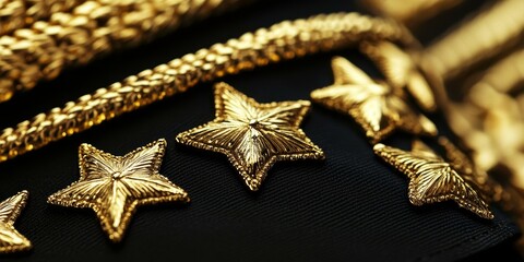 Gold stars and braided trim on black fabric.