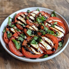 Canvas Print - A white plate with sliced tomatoes, mozzarella, basil, and balsamic glaze.