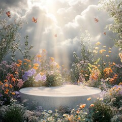 Poster - A white podium surrounded by vibrant flowers with sunlight streaming through the clouds and butterflies flying overhead.