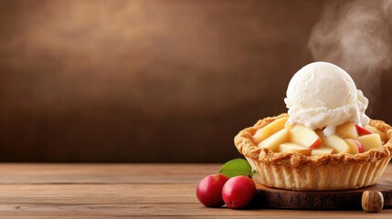 a warm, freshly baked apple pie on a rustic wooden table, with steam rising and a scoop of melting vanilla ice cream on top, evoking a sense of home and comfort