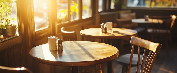 Wall Mural - A cafe table setting with a view. Sunlight shines in through a window illuminating the wooden surface of the table and an empty chair.