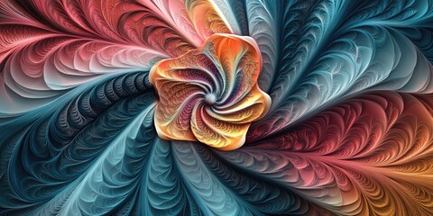 Abstract fractal background featuring a three dimensional design of a twirling flower in a line art illustration