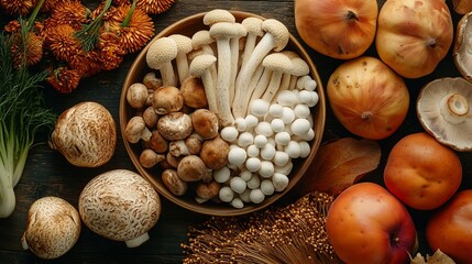 Aufkleber - Autumn food images Shiitake mushrooms maitake mushrooms enoki mushrooms sweet potatoes taro lotus root green apples chestnut  Japanese pears and Japanese persimmons : Generative AI