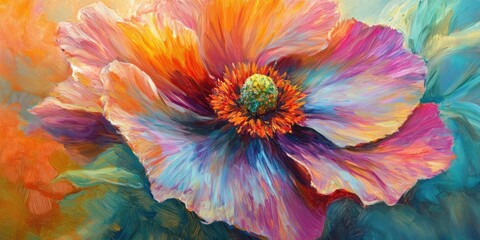 Close up oil painting of a vibrant and beautiful flower in a park showcasing its rich colors and intricate details