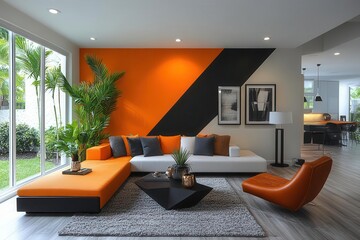 bold color block interior modern living room featuring dramatic orange and black geometric wall design contemporary furniture and minimalist decor complementing the striking visual statement