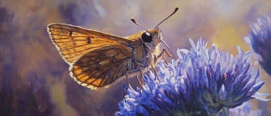 Oil painting showcasing a close up of a small brown Skipper butterfly with outstretched wings resting on a scabious flower