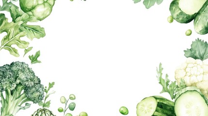 Wall Mural - Watercolor Wreath of Green Vegetables circular frame featuring broccoli cucumber cauliflower artichoke peas and parsley Hand drawn botanical illustration in watercolor style on a white background