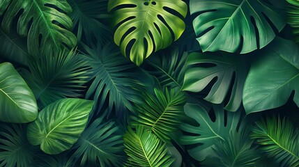 A lush, tropical background of various green leaves.