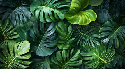 Tropical jungle leaves in lush green hues.