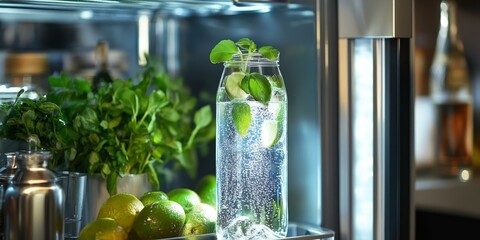 Wall Mural - A glass bottle of water with mint and lime in