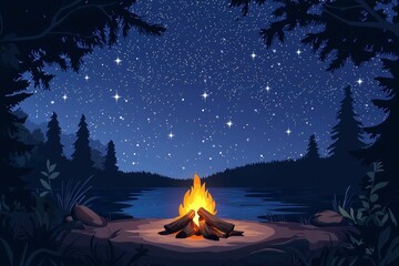 Wall Mural - Campfire Under a Starry Night Sky by the River