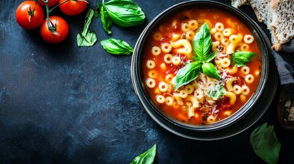 Wall Mural - Bowl with tomato soup with macaroni and basil 