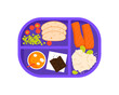 © Flash Vector - Purple plastic tray with healthy lunch food, top view of plate with salmon and rice vector illustration