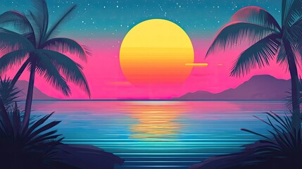 Wall Mural - A vibrant sunset casts a warm glow over a tropical paradise. Palm trees sway gently in the breeze, their silhouettes outlined against the fiery sky.