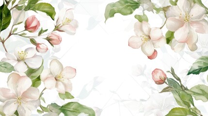 Wall Mural - Watercolor pastel apple blossom flowers and delicate plants in a polygonal frame hand painted on a white background