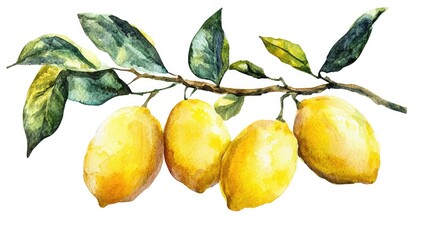 Yellow lemons on a branch Watercolor illustration Citrus plant Fresh produce