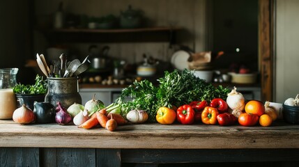 Fresh vegetables are arranged on a rustic wooden table in a kitchen setting.