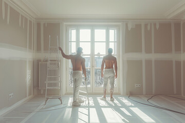 Hands man plasterer construction worker at work with trowel, plastering a wall, closeup. young two guys without a shirt with a naked torso are doing repairs to an apartment, a house. wall puttying