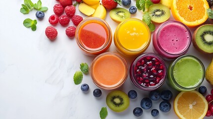 Wall Mural - Freshly pressed Fruit vegetable juice smoothie with fruits veggie toppings on white background file Many assorted different flavour Mockup template for artwork design : Generative AI