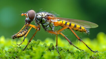 Poster - A robber fly hunting and eating an insect Wild nature in the garden Asilidae Asilus crabroniformis : Generative AI