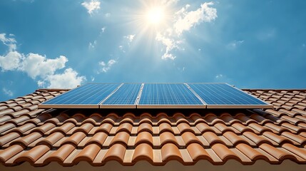 Poster - Solar panel installation on clay roof in blue sky with sun background : Generative AI
