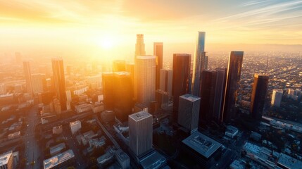 Wall Mural - an aerial view of a sprawling city skyline at sunrise, with iconic skyscrapers casting long shadows and the streets below just beginning to fill with traffic